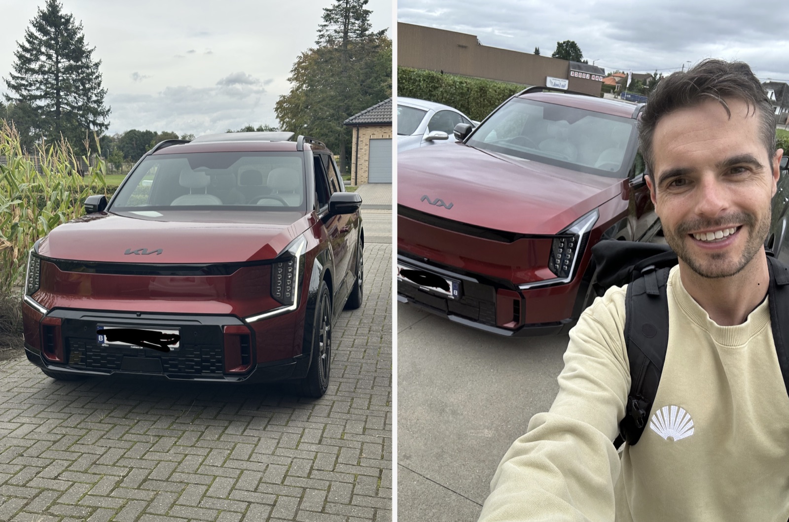 Two photos: the red Kia EV9 parked on Quinten's driveway, and Quinten smiling in a selfie next to it on the day he picked it up